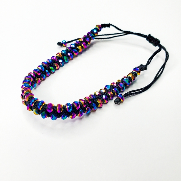 Rainbow Metallic Iridescent Oil Slick Facet Rondelle Adjustable Bracelet Anklet - Picture 10 of 11